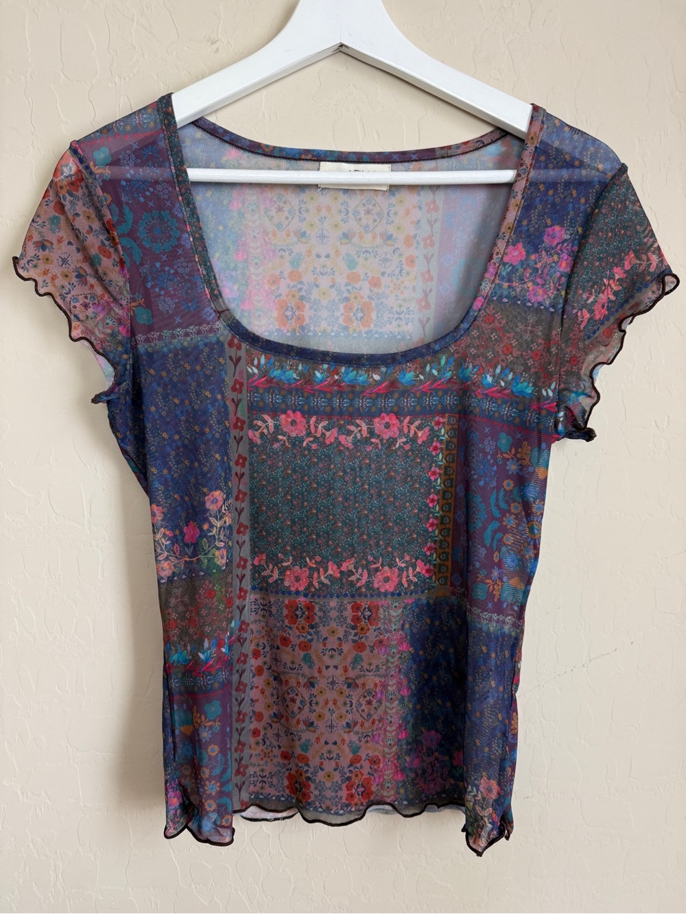 Natural Life Devon Sheer Mesh Floral Patchwork Scoop Square Neck Top Multicolor